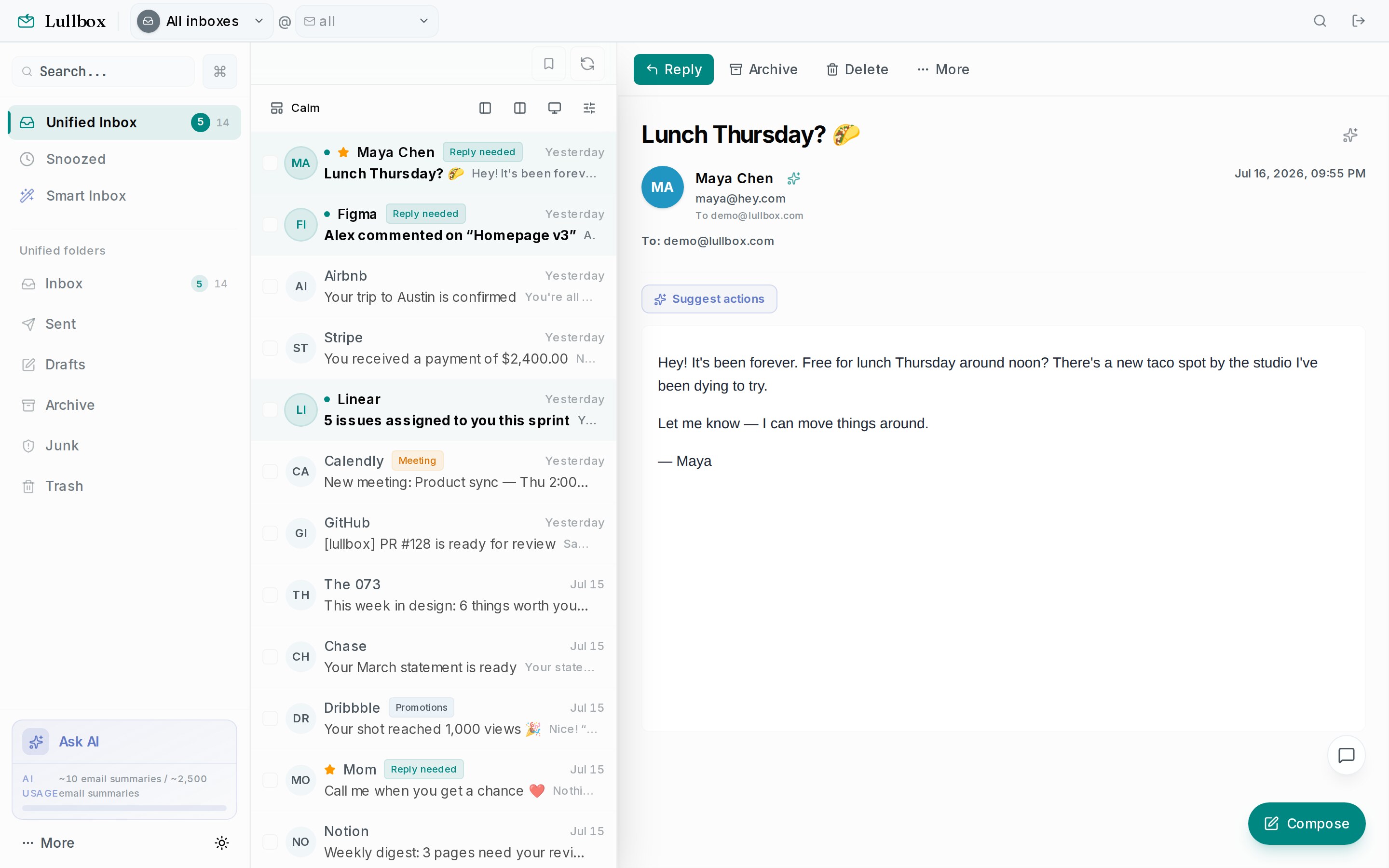 The real Lullbox unified inbox with priority labels and reading pane
